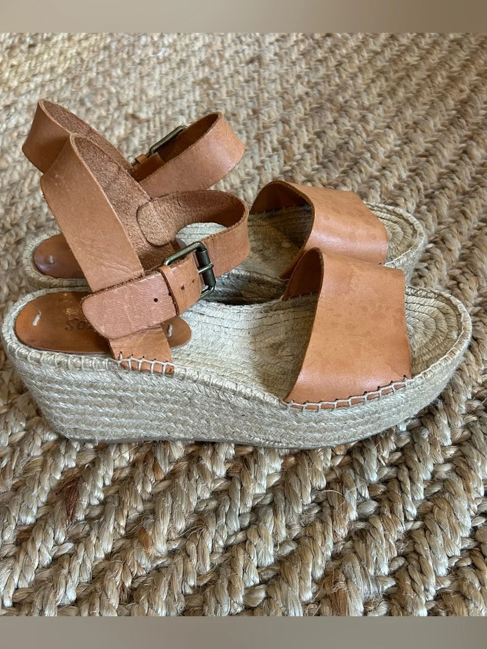 Soludos Minorca Platform Espadrille Sandals 7.5 Tan Leather Wedge